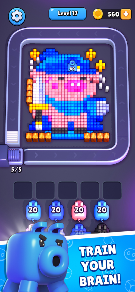 Pixel Flow! - Captura de tela da jogabilidade do jogo de quebra-cabeça móvel Pixel Flow apresentando arte de pixel de um personagem de porco