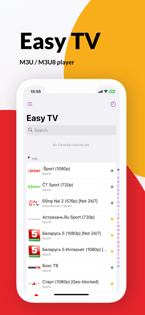Easy TV - Watch IPTV - Easy TV app interface showing a list of international TV channels for M3U streaming