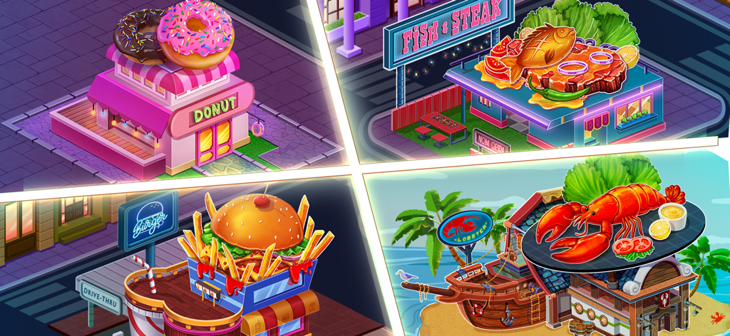 Cooking Max - Restaurant Games - Collage of different restaurant themes in Cooking Max including a donut shop burger joint and seafood eatery
