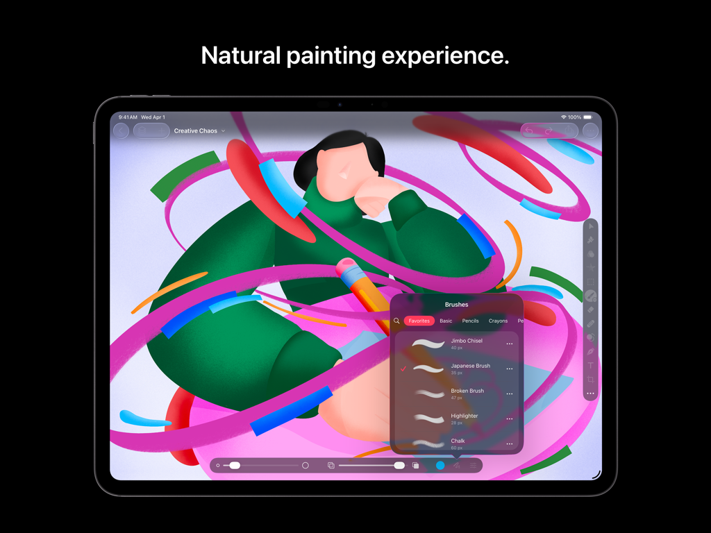 Digital painting interface in Pixelmator Pro on iPad featuring a brush menu and colorful artwork