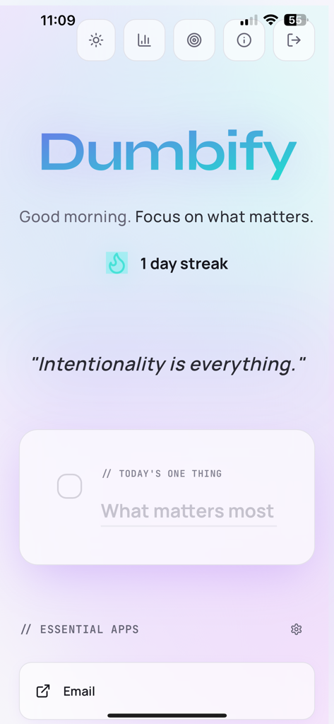 Dumbify – Minimal Launcher - Dumbify app dashboard showing a minimalist text based interface with daily focus and essential apps