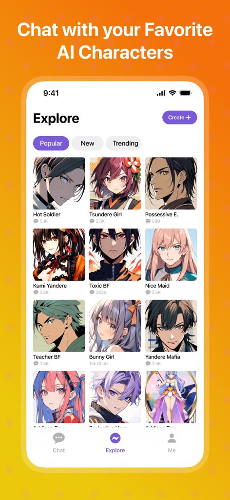 Explore screen of Fantasy AI app featuring various anime characters for chat.