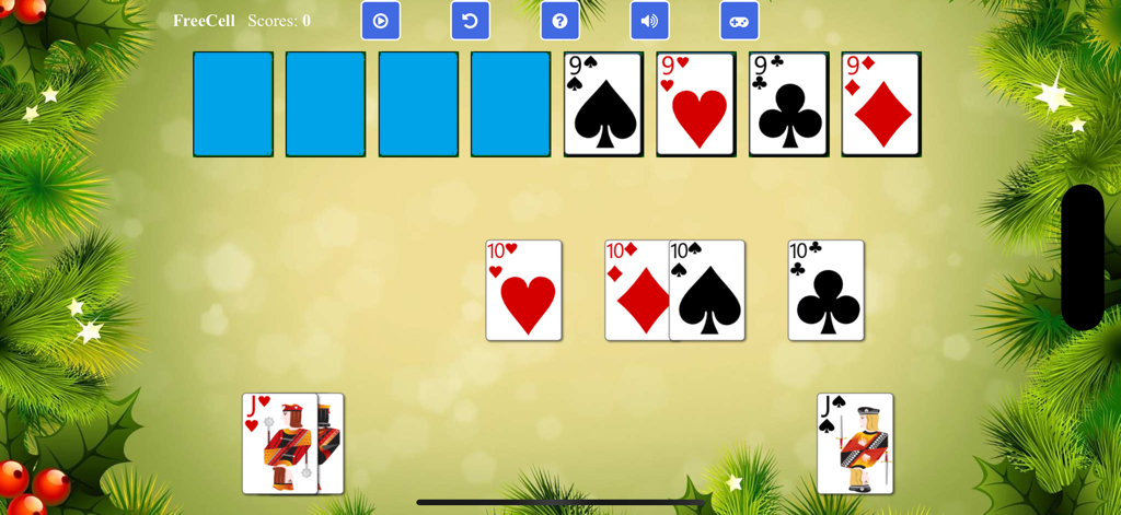 FreeCell Solitaire - - FreeCell Solitaire gameplay featuring a festive Christmas theme with evergreen branches and ornaments.