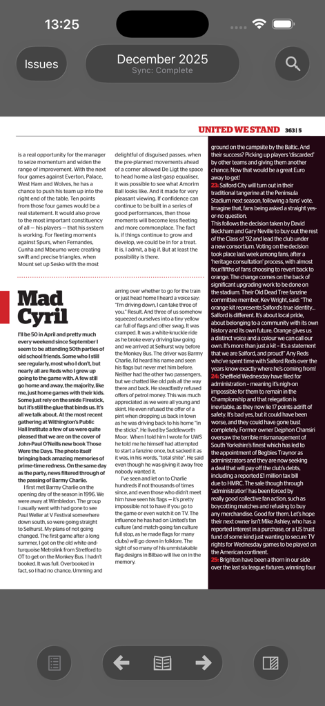 Ein Screenshot der United We Stand Mobile App, der einen Artikel aus der Ausgabe Dezember 2025 des Manchester United Fanzine anzeigt.