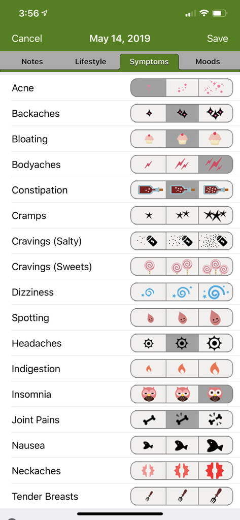 Period Tracker Deluxe - Pantalla de seguimiento de síntomas en la aplicación Period Tracker Deluxe que muestra íconos para registrar preocupaciones de salud como acné, calambres e hinchazón.