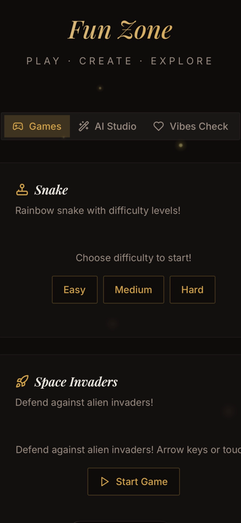 Emilia C - Interfaz de la Zona Divertida en la app de Emilia C mostrando los juegos Snake y Space Invaders