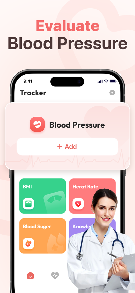 ACE Blood Pressure Monitor - Panel de la aplicación Monitor de Presión Arterial ACE en iPhone que muestra opciones de seguimiento de salud para presión arterial, frecuencia cardíaca e IMC