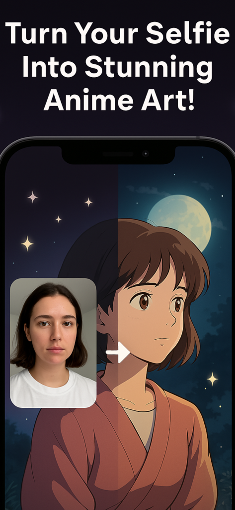 Animeify - Screenshot of Animeify app showing a woman's selfie transformed into a stunning 90s style anime portrait.