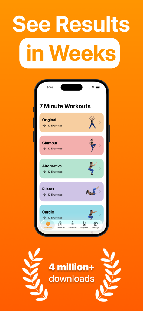 7 Minute Workout - 7 Minute Workout app interface showing various exercise categories on an iPhone