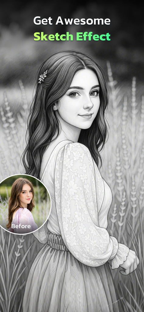 AI Photo Editor - AI Morph - A portrait of a woman transformed into a black and white pencil drawing with the AI Morph sketch effect