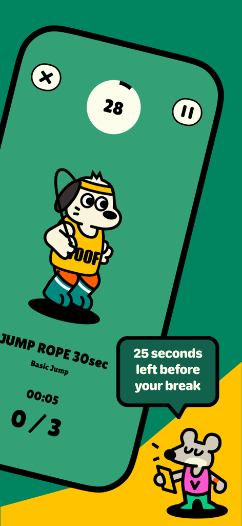 Rumbo Fitness - Rumbo the dog mascot performing a jump rope exercise on a green mobile app interface with a timer