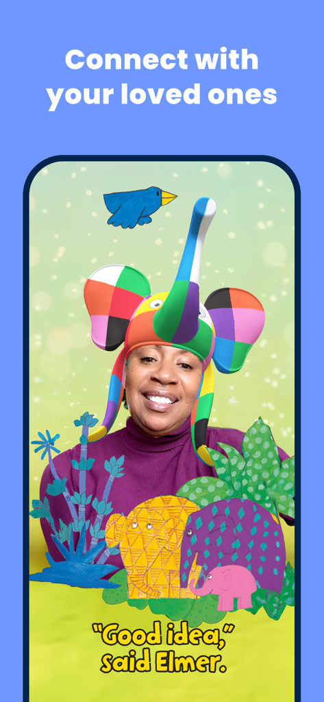 Zoog: Books, Songs, E-Cards - A woman using a colorful elephant AR mask on the Zoog app to read a story for children