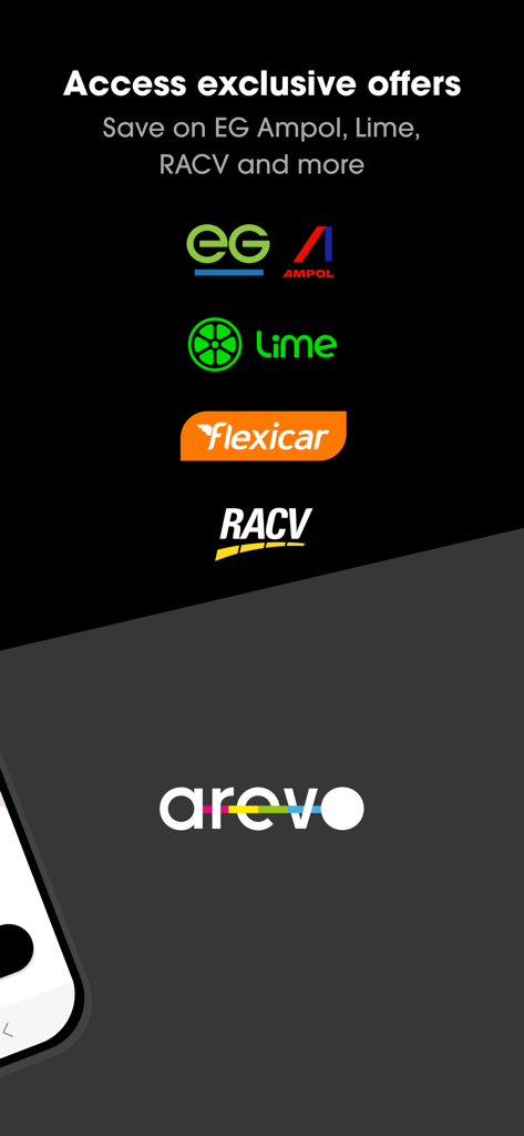Arevo: VIC Journey Planner - Arevo app screen showing exclusive partner offers and discounts from brands like EG Ampol Lime Flexicar and RACV