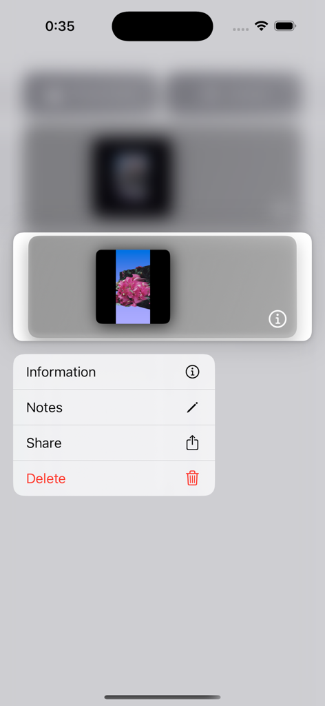 Image 3D Conversion  - Auteps - A menu in the Auteps app with options for information, notes, sharing, and deleting a 3D converted image.