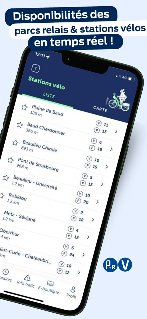 Smartphone screen showing real time bike and parking availability at various stations in Rennes