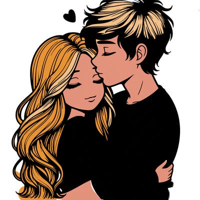 a realistic couple boy and girl hugging and kissing