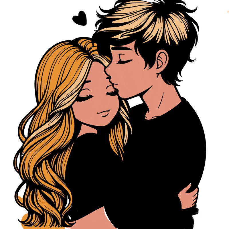 a realistic couple boy and girl hugging and kissing
