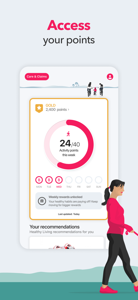 Interface of the Vitality UK app showing weekly activity points progress and unlocked rewards