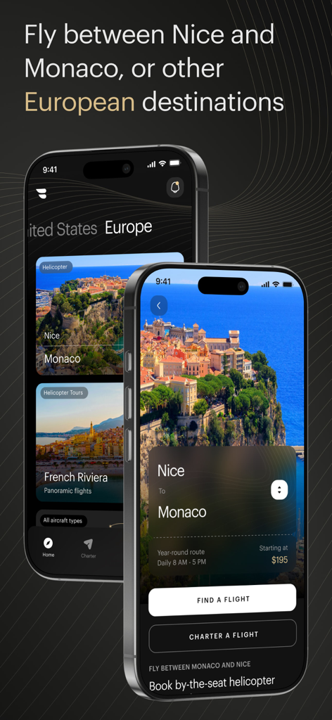 Interfaz de la aplicación Blade que muestra opciones de vuelo en helicóptero entre Niza y Mónaco en un teléfono inteligente.