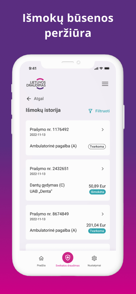 Lietuvos draudimas - Lietuvos draudimas mobile app interface showing a list of health insurance payouts and claim statuses.