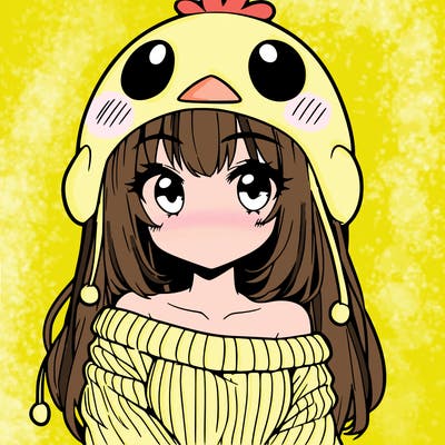 anime girl with chick shaped hat with sweater with bare shoulders with bangs covering them one eye with low tail