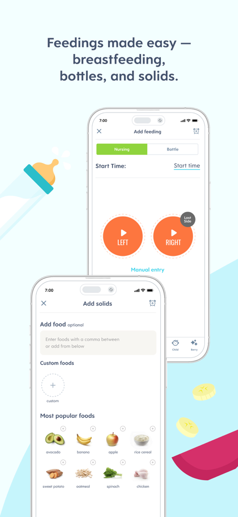 Huckleberry app screens for tracking baby breastfeeding and solid food intake