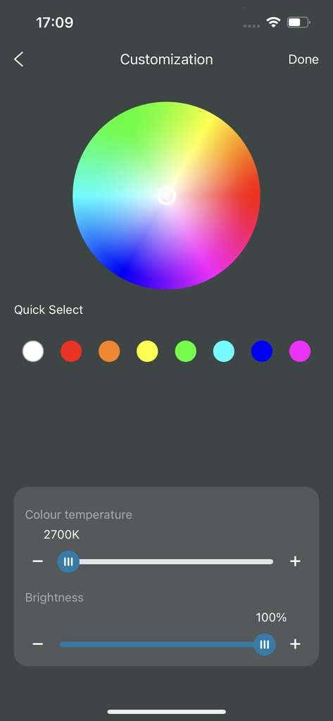 App-Oberfläche zur Anpassung von Lichtfarbe und Temperatureinstellungen.
