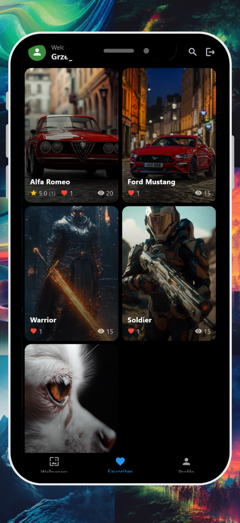 Wallpaper 4K & HD Backgrounds - Interfaz de la aplicación Fondos de pantalla 4K y HD que muestra una galería de fondos favoritos que incluyen coches y personajes de fantasía.