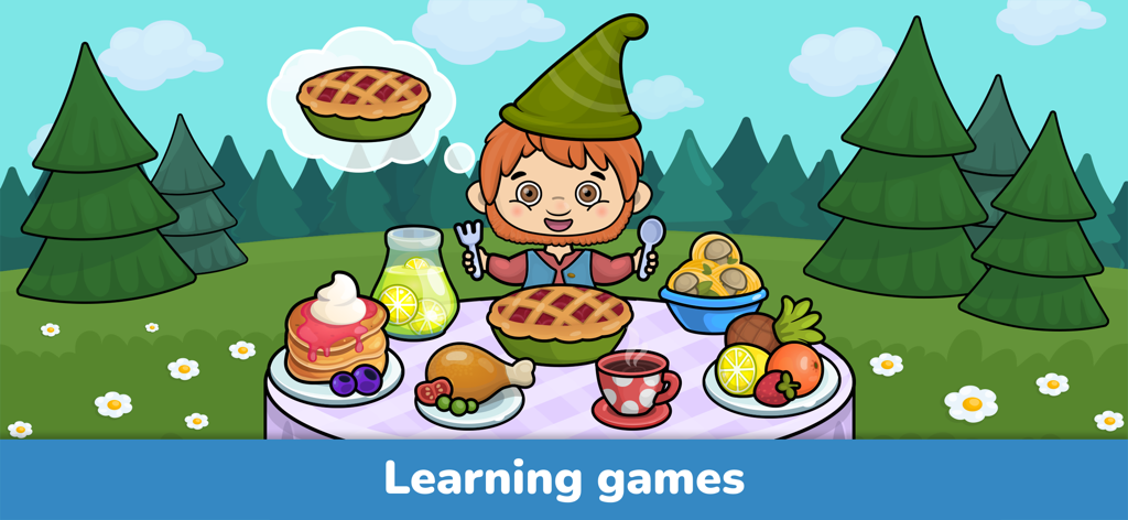 Cartoon character sitting at a table with various foods in a forest setting for toddler learning