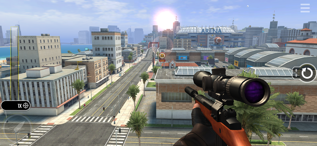 Pure Sniper: Gun Shooter Games - Vista em primeira pessoa da mira de sniper de um ambiente urbano com uma arena ao fundo