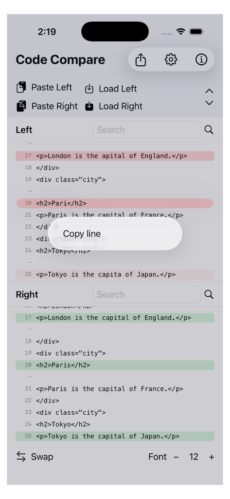 CodeDiff+ - Interface de l'application CodeDiff plus montrant une comparaison côte à côte verticale de lignes de code HTML avec des surlignages rouges et verts pour les différences