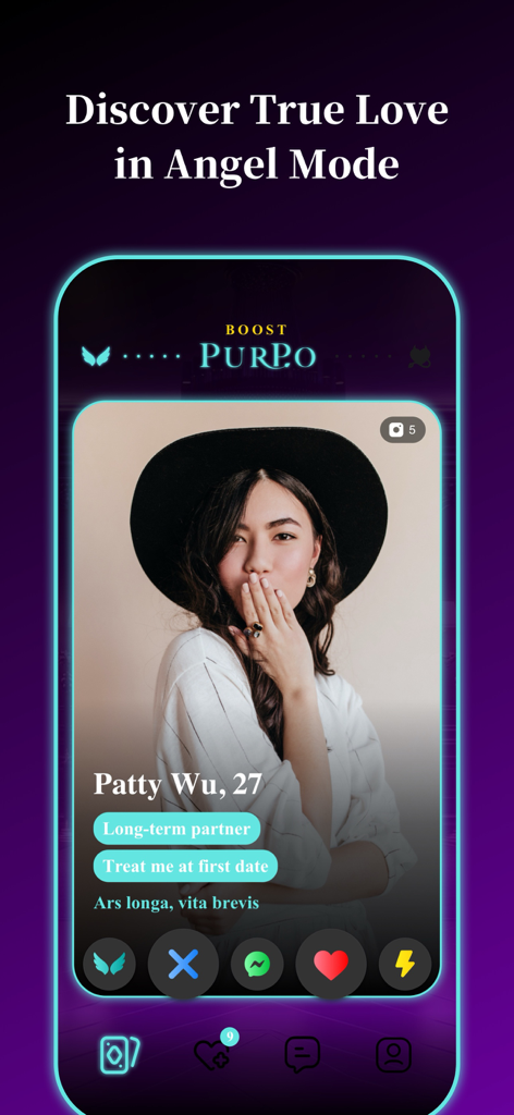 Purpo - Love & Desire Dating - Screenshot of the Purpo dating app interface showing a woman's profile in Angel Mode for meaningful relationships