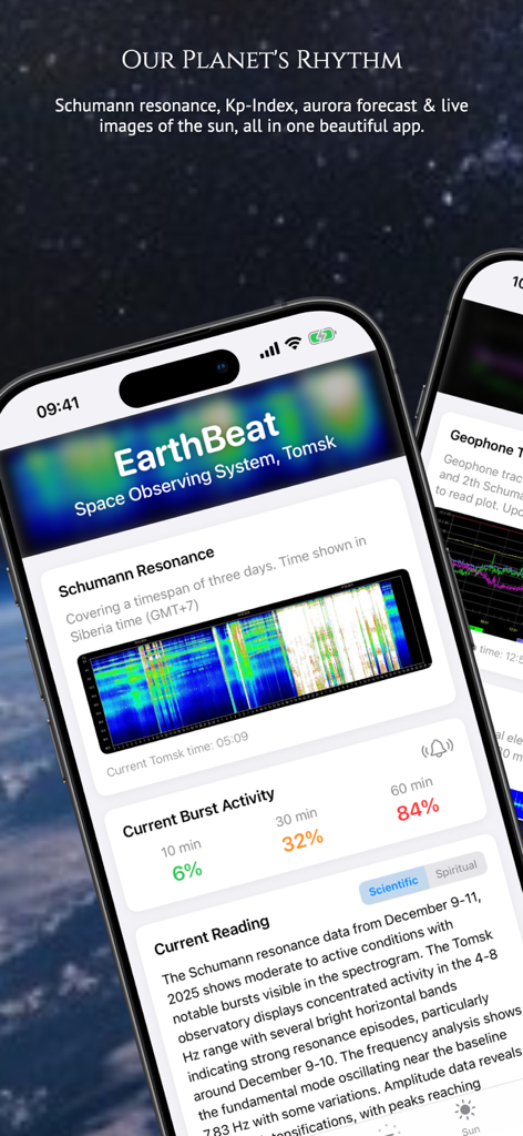 EarthBeat - Schumann Resonance - iPhoneに表示されたEarthBeatアプリの画面。シュマン共鳴スペクトログラムとリアルタイムのバースト活動データが表示されています。