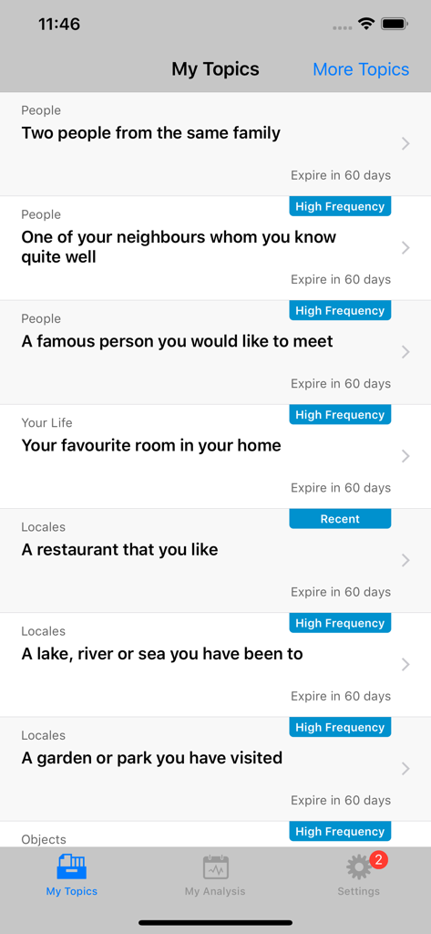 IELTSpeaking - IELTSpeaking app screen displaying a list of practice speaking topics with high frequency labels for exam preparation.