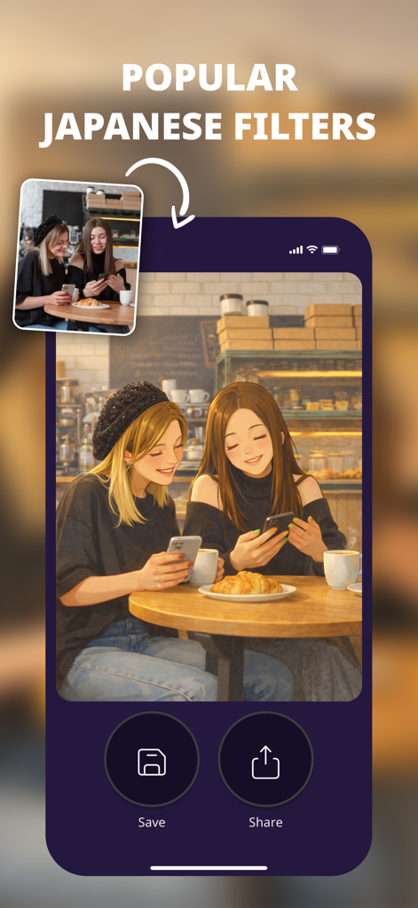 Foto real de dos amigos en un café transformada en una ilustración de estilo anime japonés