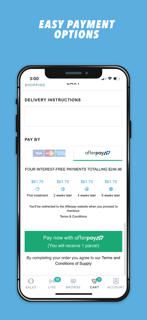 Onceit mobile app checkout screen showing easy payment options including Afterpay interest-free installments and credit cards.