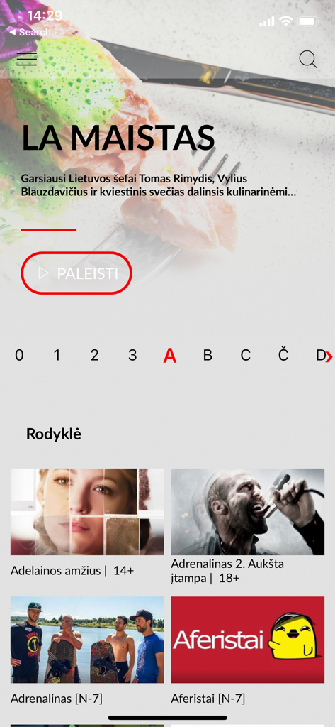 TV3 Play Lietuva - TV3 Play Lietuva app interface showing a culinary show banner and a movie catalog with an alphabetical index.