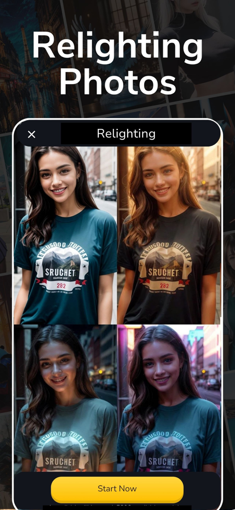 Dreamerland - AI Art Generator - A demonstration of the AI relighting feature in the Dreamerland app showing four different lighting styles applied to a portrait
