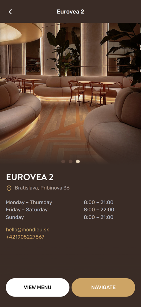Mondieu - Mondieu app screen showing Eurovea 2 restaurant details including opening hours, address in Bratislava, and navigation buttons.