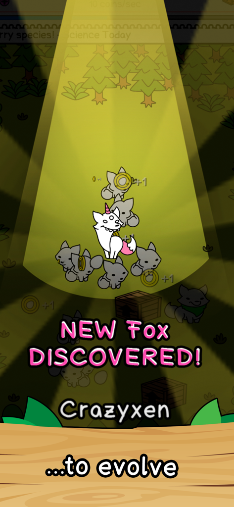 Fox Evolution - Clicker Game - A screenshot from Fox Evolution showing a newly discovered mutation named Crazyxen highlighted by a spotlight.