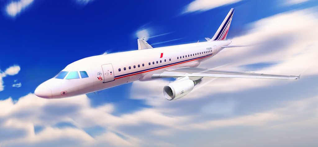 Flight Simulator 3D Plane Game - Avión blanco de pasajeros volando a través de un cielo azul brillante con nubes