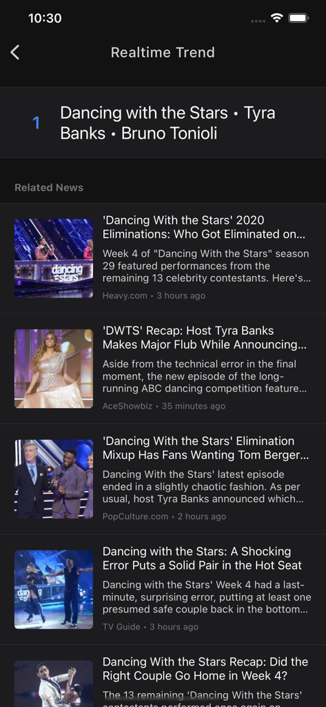 Trends on Google Trends - リアルタイムでトレンドになっているトピックと関連ニュース記事を表示するモバイルアプリ画面