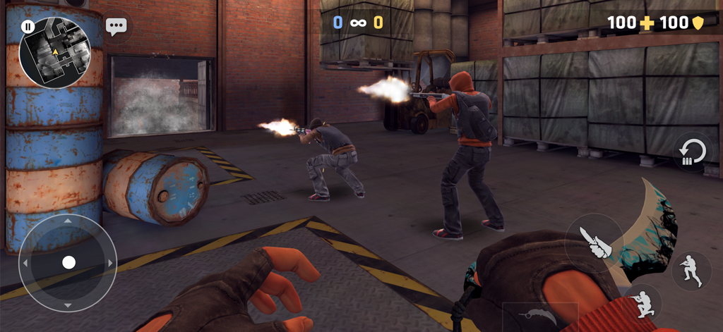 Tactical first person shooter gameplay in a warehouse with players in combat
