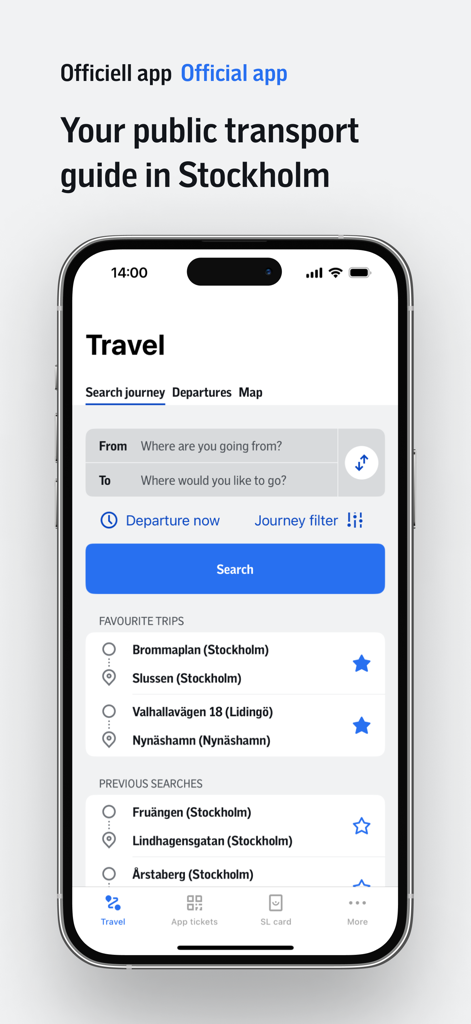 Screenshot of the SL Stockholm public transport app showing the journey planner screen for searching trips.