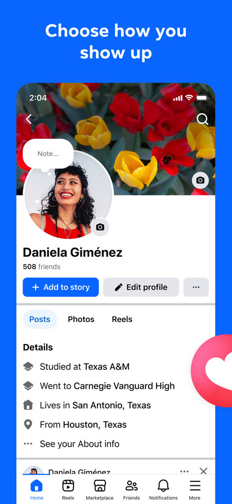 Pantalla de perfil de usuario de la aplicación móvil de Facebook que muestra opciones de personalización y detalles personales.