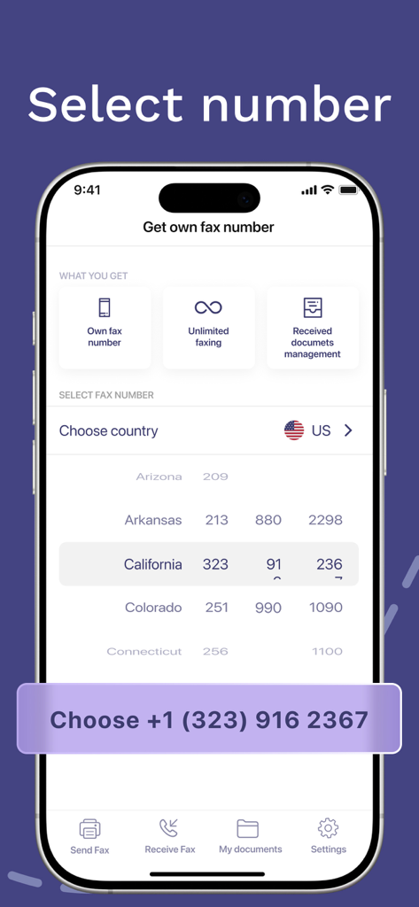 Mobile interface showing how to choose a personal fax number by state in the Fax from iPhone app