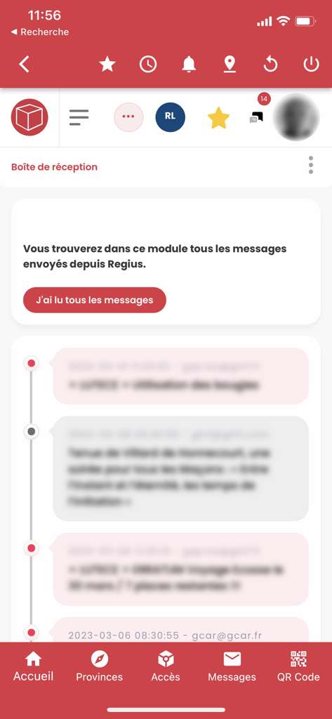 EgRegius - Interface de l'application EgRegius montrant la boîte de réception des messages internes pour les membres de la GLNF