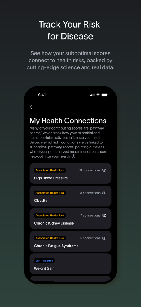 Viome - Viome app interface displaying health connections and associated disease risks