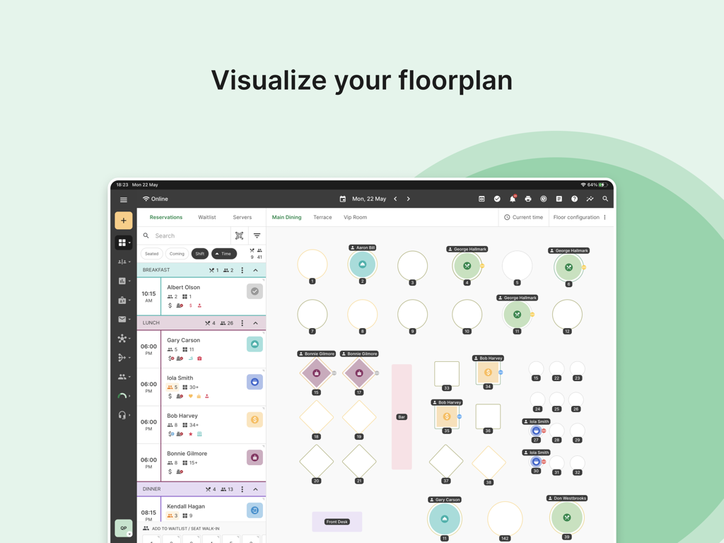 Eat App Manager - Digitaler Restaurantgrundriss auf einem iPad, der Tischlayouts und Details zu Gästereservierungen in Eat App Manager zeigt.