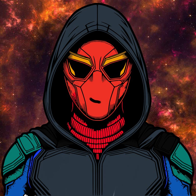 realistic hero with a full face mask and a hood